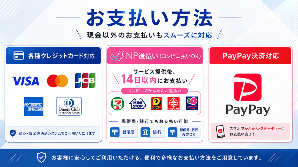 エアコン修理のお支払い方法（クレジットカード・コンビニ・銀行振込・LINE Pay・NP後払い対応）