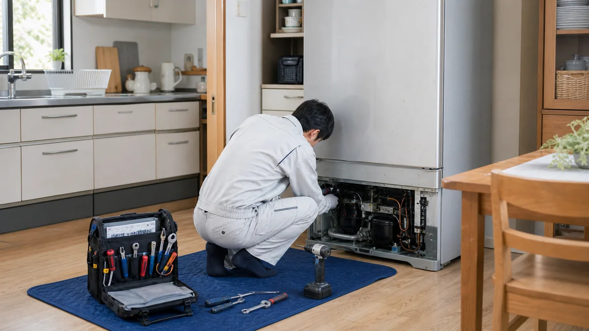 古い冷蔵庫の背面を点検している修理スタッフ