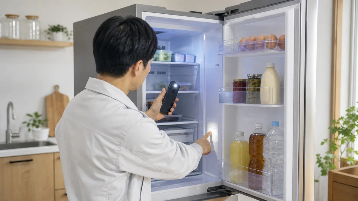 冷蔵庫の型番と製造年を確認している様子