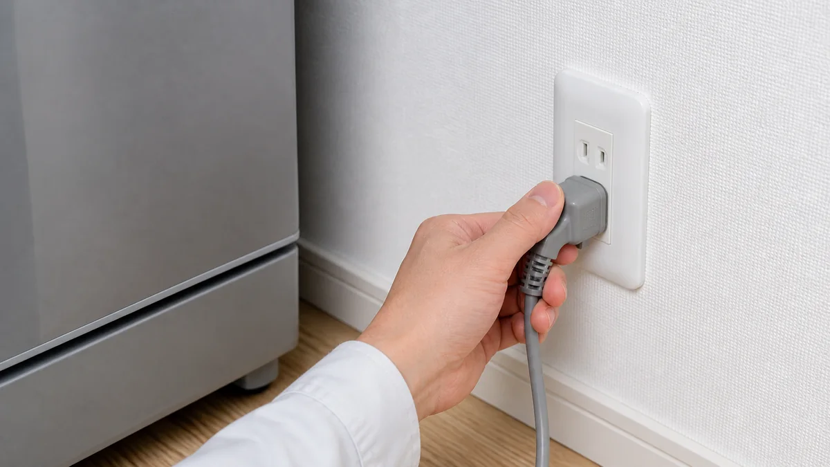 冷蔵庫の電源プラグとコンセントを確認している様子