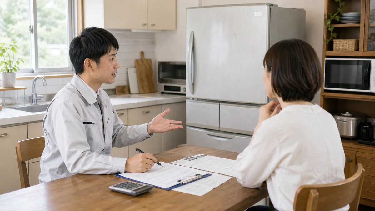古い冷蔵庫の修理可否を相談している様子