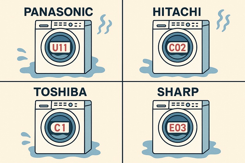 各メーカーの排水エラーコード(Panasonic:U11・HITACHI:C02・TOSHIBA:C1・SHARP:E03)