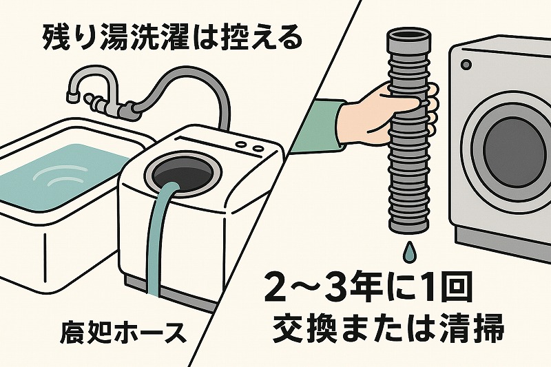 残り湯洗濯は控える・排水ホースは2〜3年に1回交換又は清掃