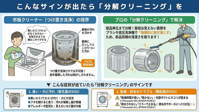 市販クリーナーと分解クリーニングの比較イメージ