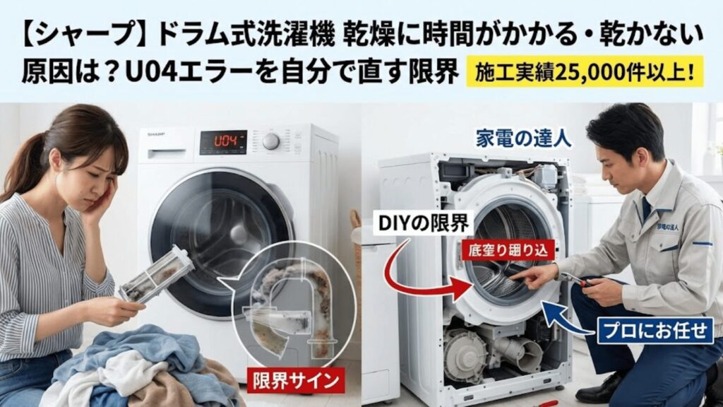 H:1【シャープ】ドラム式洗濯機の乾燥に時間がかかる・乾かない原因は?U04エラーを自分で直す限界