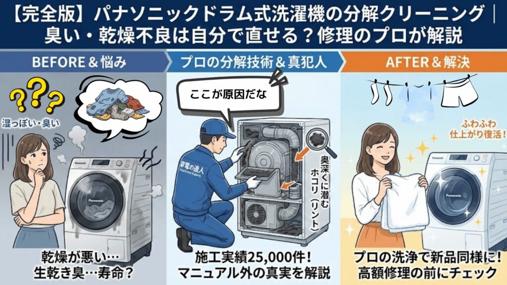 【完全版】パナソニックドラム式洗濯機の分解クリーニング|臭い・乾燥不良は自分で直せる?修理のプロが解説