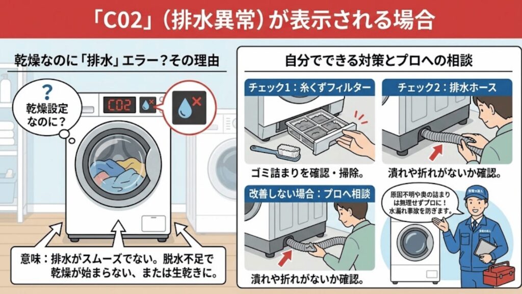 「C02」（排水異常）が表示される場合