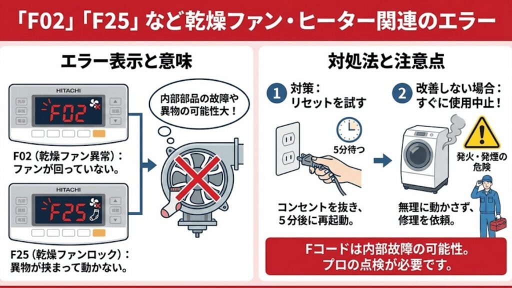 「F02」「F25」など乾燥ファン・ヒーター関連のエラー