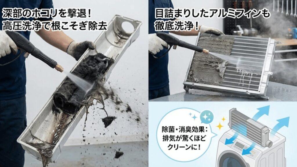 高圧洗浄によるダクト・アルミフィンの完全清掃