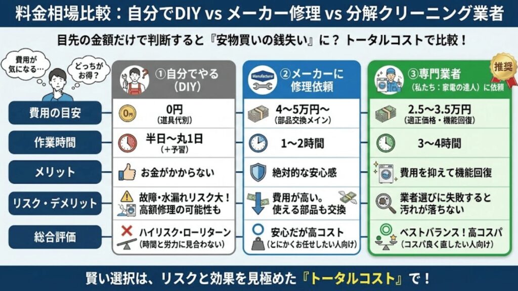 料金相場比較
自分でDIY vs メーカー修理 vs 分解クリーニング業者