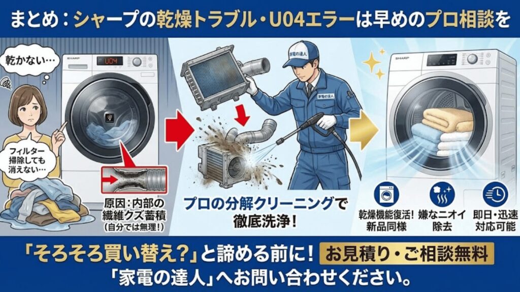まとめ:シャープの乾燥トラブル・U04エラーは早めのプロ相談を