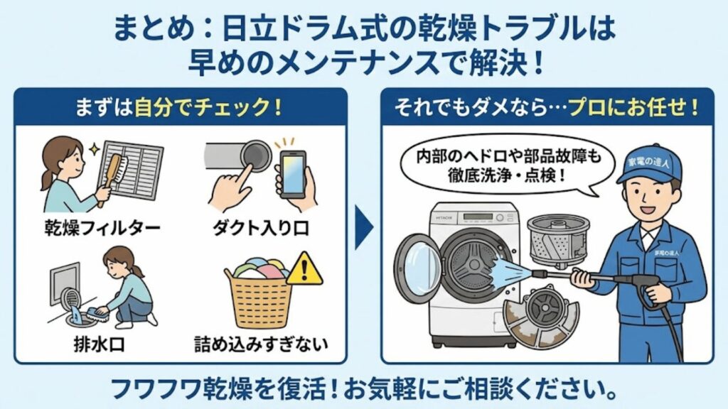 まとめ：日立ドラム式の乾燥トラブルは早めのメンテナンスで解決！
