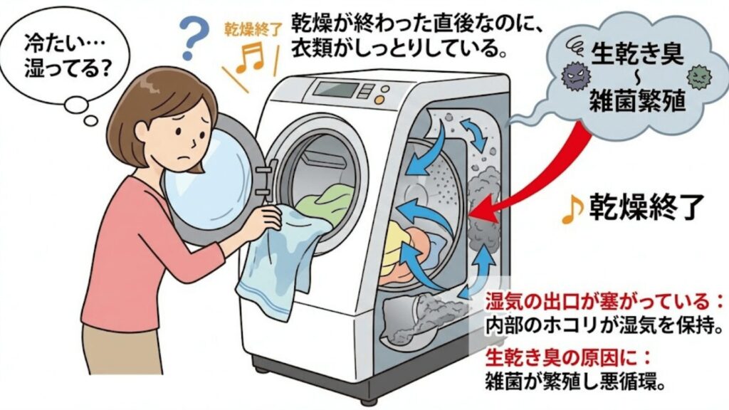 乾燥が終わった直後なのに、衣類がしっとりしている。