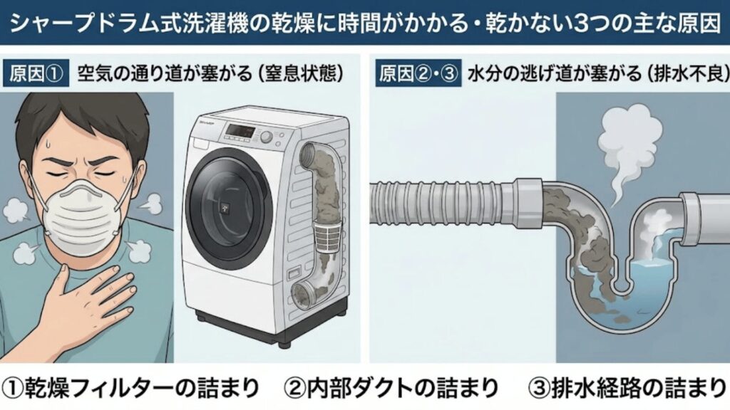 シャープドラム式洗濯機の乾燥に時間がかかる・乾かない3つの主な原因