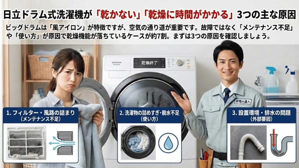 日立ドラム式洗濯機が「乾かない」「乾燥に時間がかかる」3つの主な原因