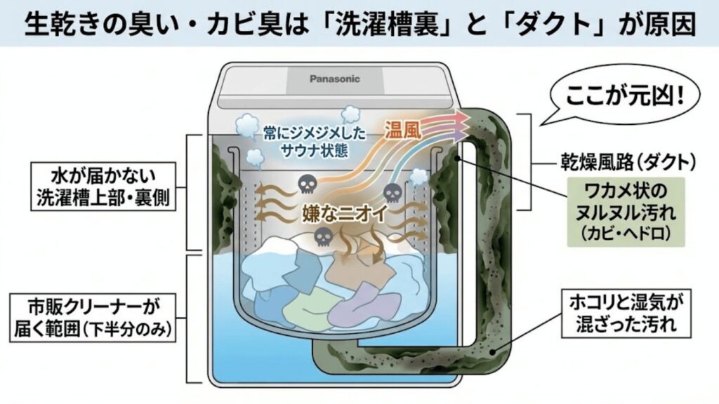 生乾きの臭い・カビ臭は「洗濯槽裏」と「ダクト」が原因