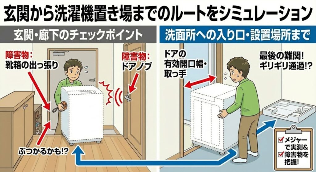 玄関から洗濯機置き場までの搬入ルートのシミュレーション