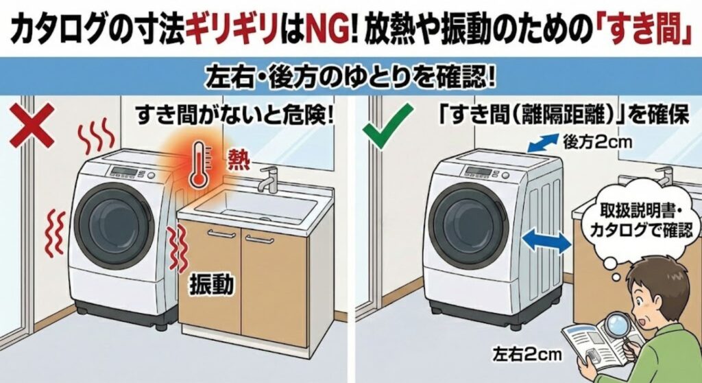 洗濯機の放熱や振動対策に必要なすき間
