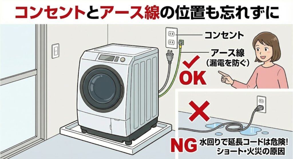 洗濯機周辺のコンセントとアース線の位置確認