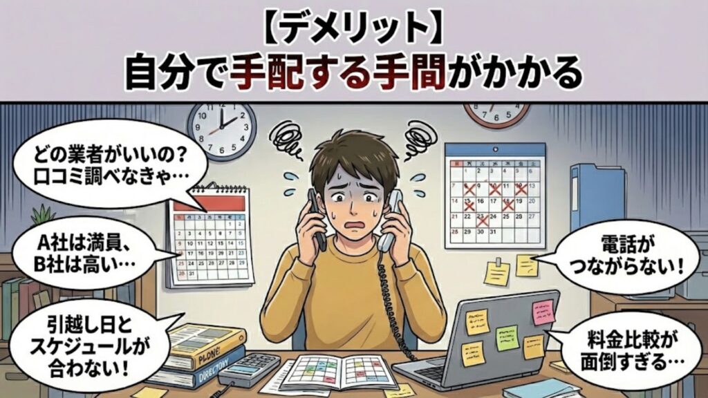 専門業者に依頼するデメリット：自分で手配する手間がかかる