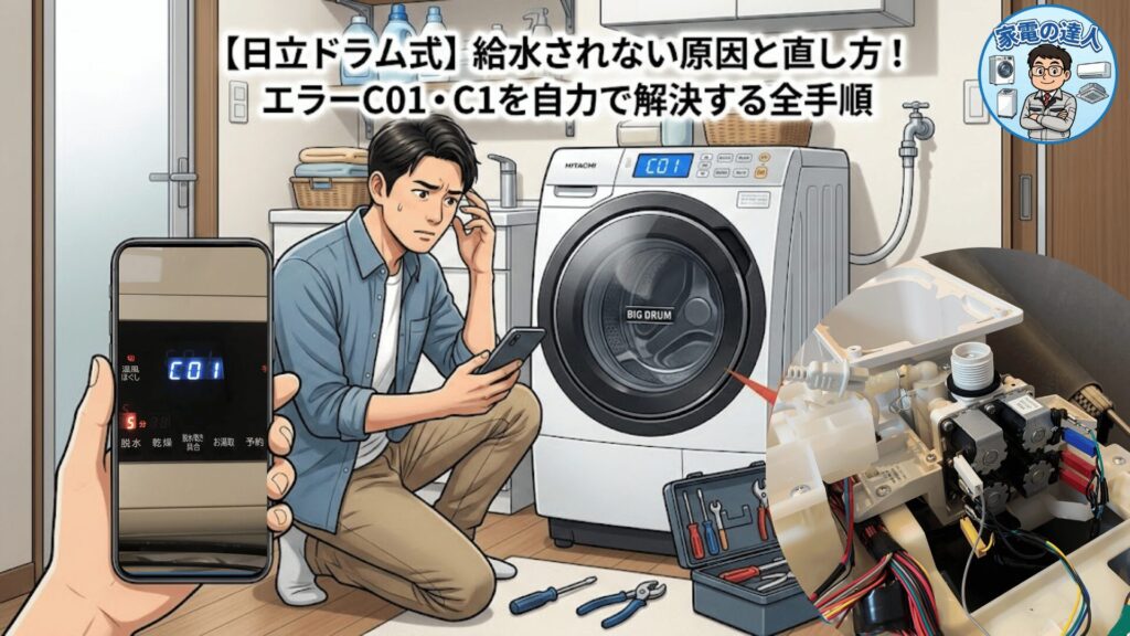 【日立ドラム式】給水されない原因と直し方!エラーC01・C1を自力で解決する全手順