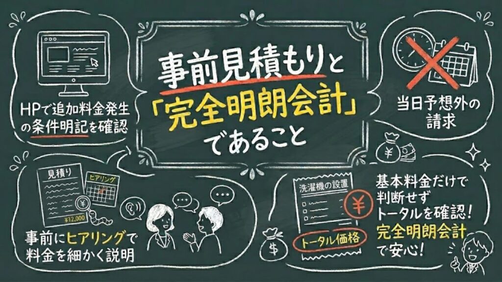 事前見積もりと完全明朗会計であること