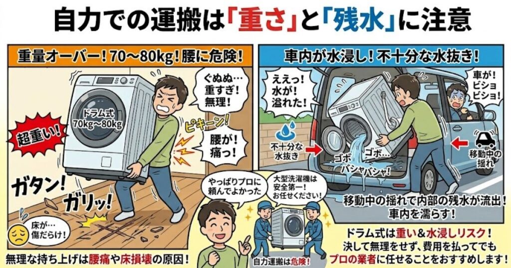 自力での運搬は「重さ」と「残水」に注意