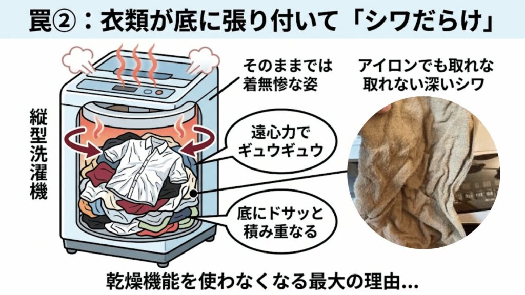衣類が底に張り付いてシワだらけになる