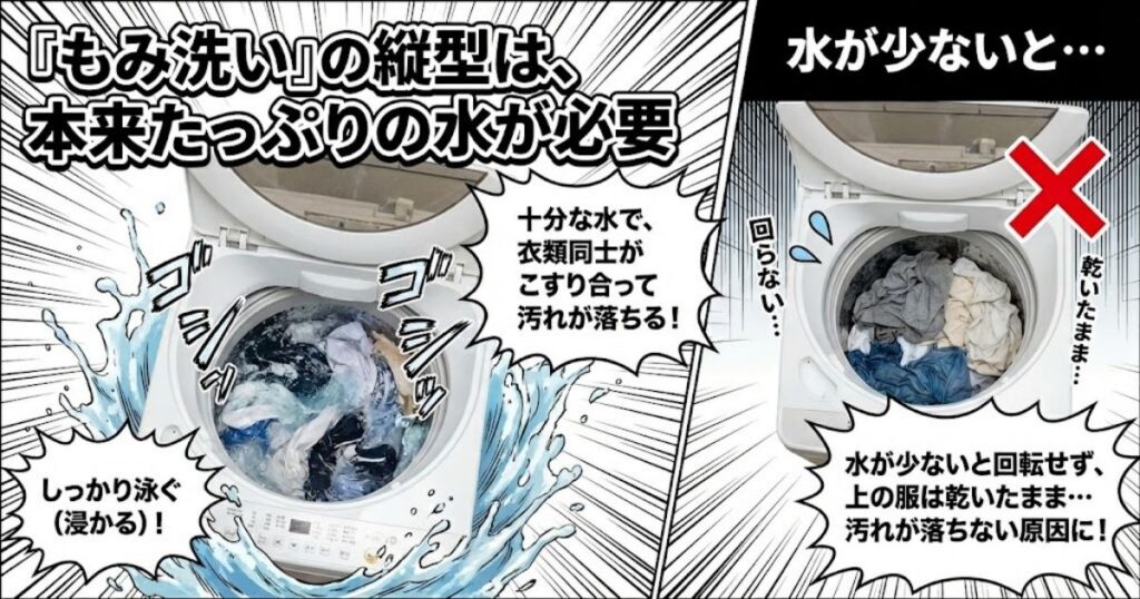 「もみ洗い」の縦型は、本来たっぷりの水が必要