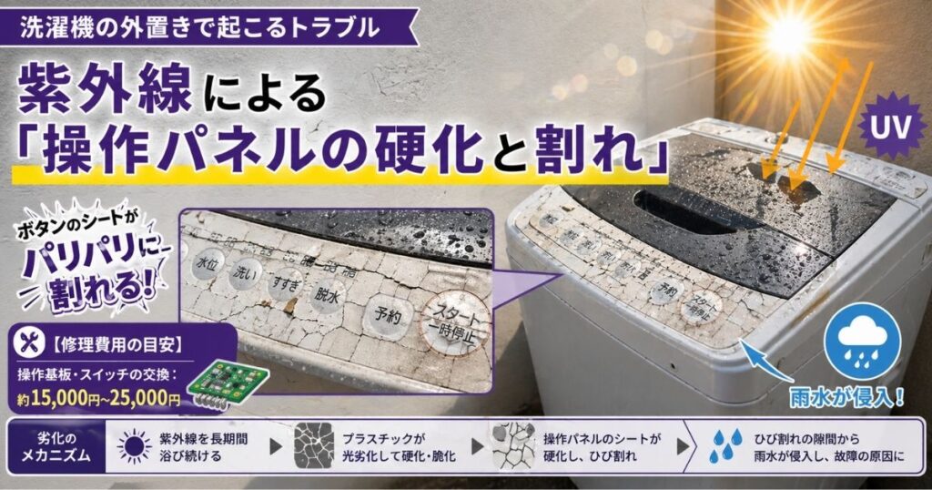 洗濯機の外置きで起こるトラブル・紫外線による「操作パネルの硬化と割れ」
