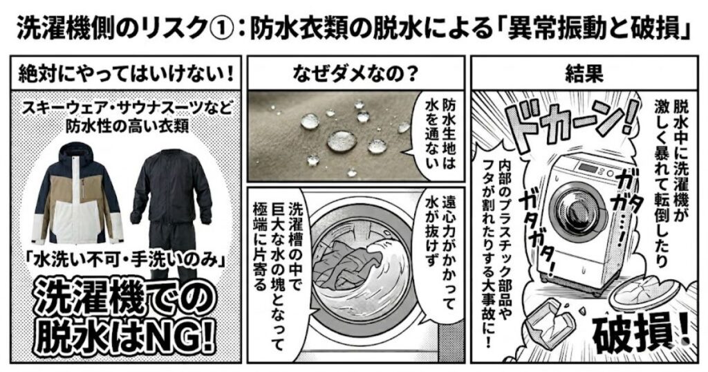 洗濯機側のリスク①:防水衣類の脱水による「異常振動と破損」