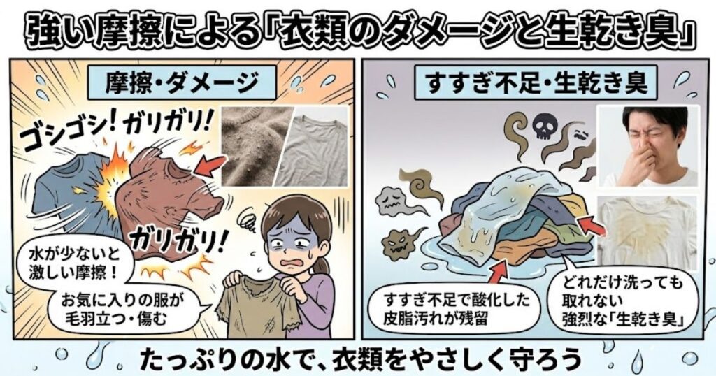 強い摩擦による「衣類のダメージと生乾き臭」