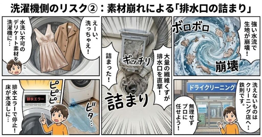 洗濯機側のリスク②:素材崩れによる「排水口の詰まり」