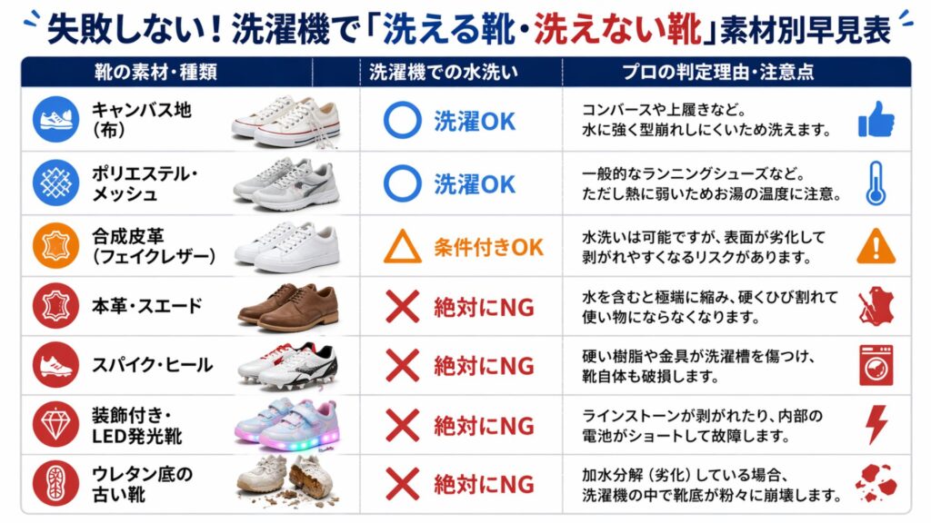 失敗しない！洗濯機で「洗える靴・洗えない靴」素材別早見表