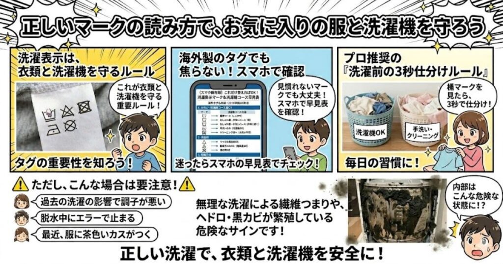 正しいマークの読み方で、お気に入りの服と洗濯機を守ろう