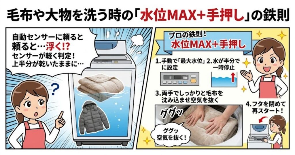 毛布や大物を洗う時の「水位MAX+手押し」の鉄則