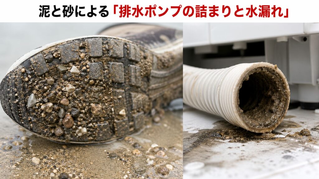 泥と砂による「排水ポンプの詰まりと水漏れ」