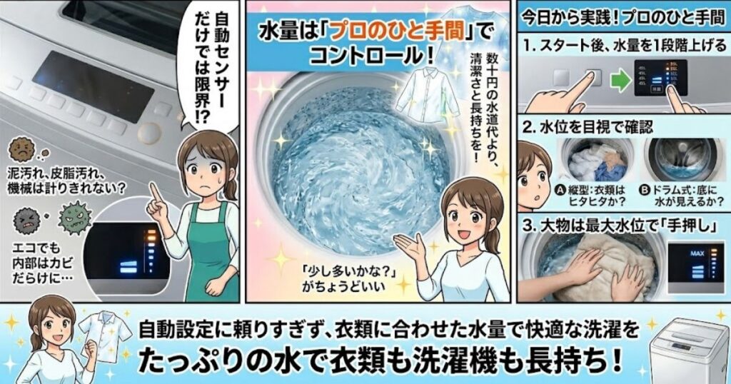自動設定に頼りすぎず、衣類に合わせた水量で快適な洗濯を