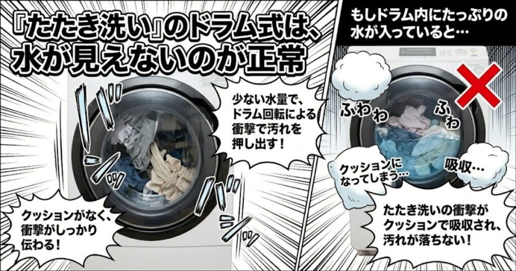 「たたき洗い」のドラム式は、水が見えないのが正常
