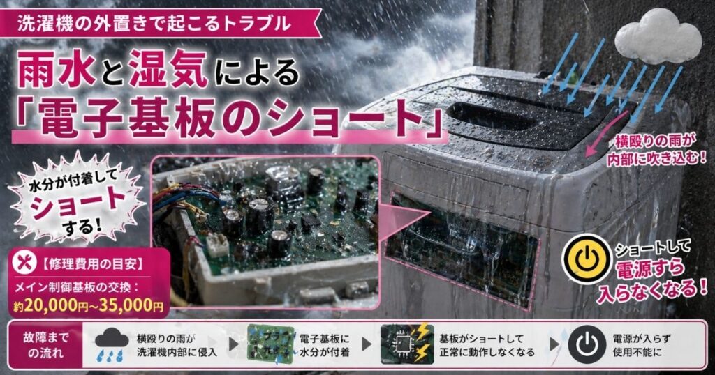 洗濯機の外置きで起こるトラブル・雨水と湿気による「電子基板のショート」
