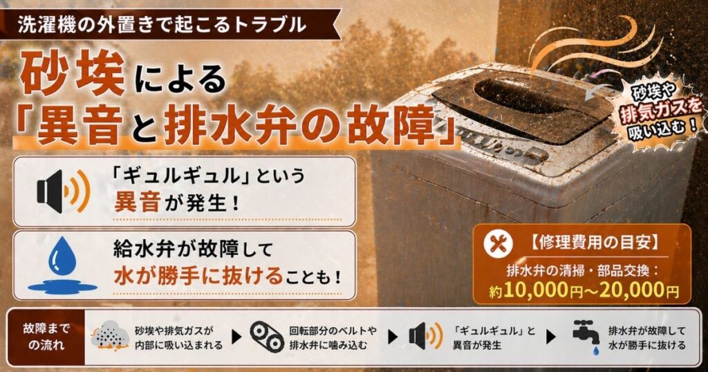 洗濯機の外置きで起こるトラブル・砂埃による「異音と排水弁の故障」