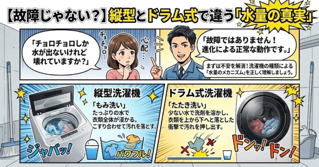 【故障じゃない?】縦型とドラム式で違う「水量の真実」