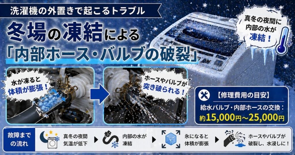 洗濯機の外置きで起こるトラブル・冬場の凍結による「内部ホース・バルブの破裂」