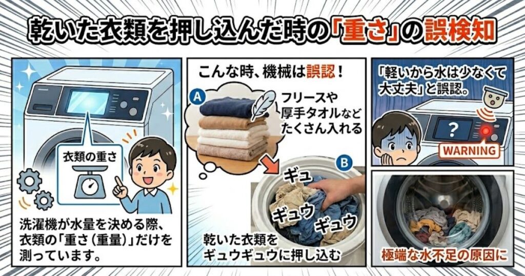 乾いた衣類を押し込んだ時の「重さ」の誤検知