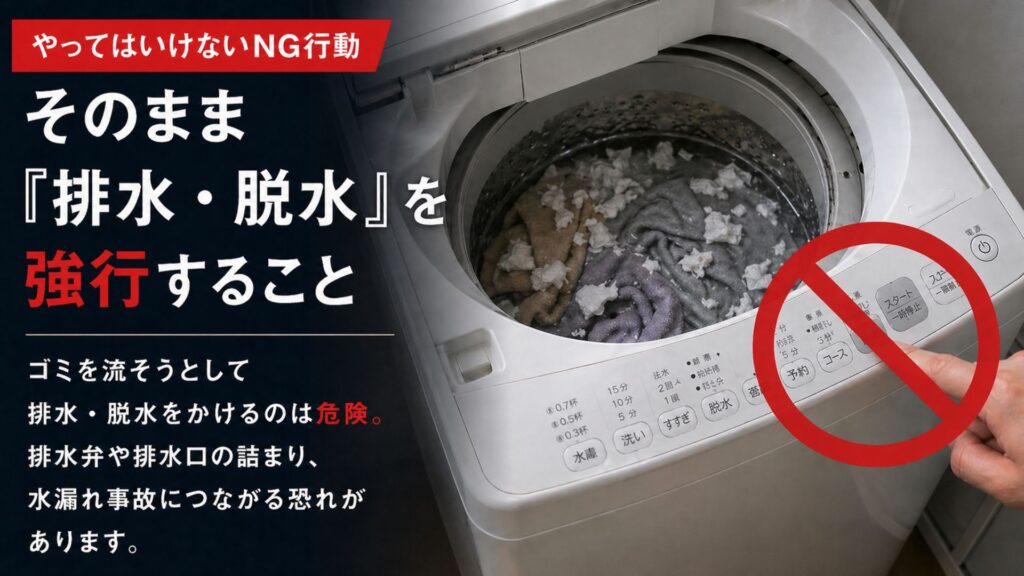 ティッシュ・おむつ・ペットシーツなどを洗濯してしまった時にやってはいけないNG行動 1. そのまま「排水・脱水」を強行すること