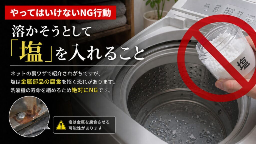 ティッシュ・おむつ・ペットシーツなどを洗濯してしまった時にやってはいけないNG行動 2. 溶かそうとして「塩」を入れること