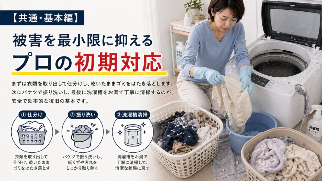 ティッシュ・おむつ・ペットシーツなどを洗濯してしまった時に 【共通・基本編】被害を最小限に抑えるプロの初期対応