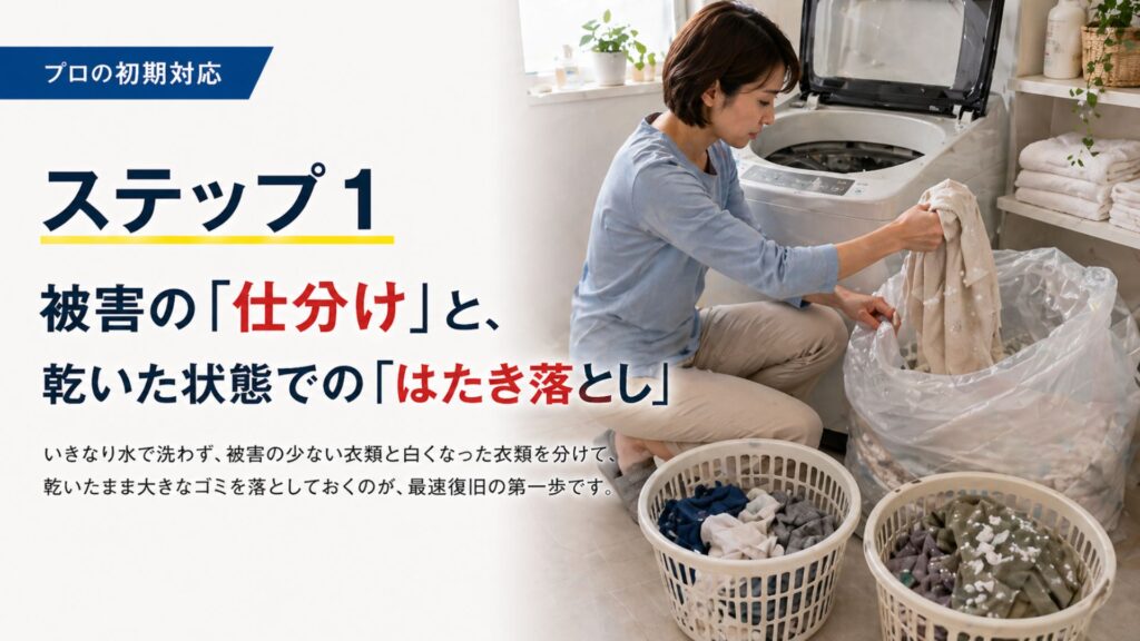 ティッシュ・おむつ・ペットシーツなどを洗濯してしまった時の対処 ステップ1：被害の「仕分け」と、乾いた状態での「はたき落とし」