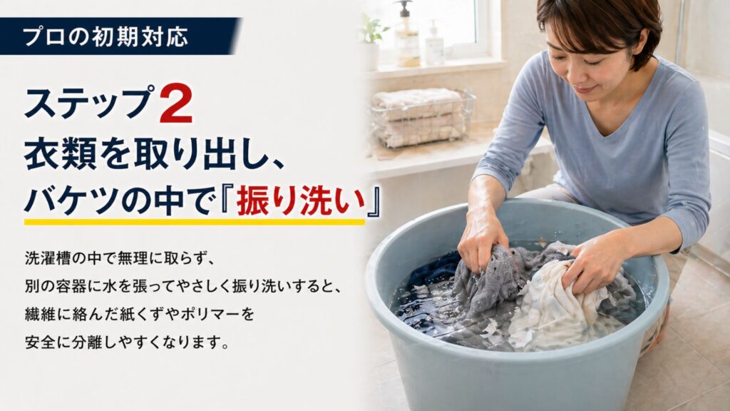ティッシュ・おむつ・ペットシーツなどを洗濯してしまった時の対処 ステップ2：衣類を取り出し、バケツの中で「振り洗い」