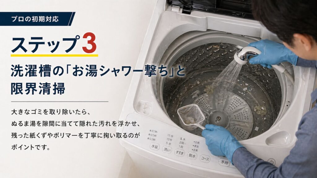 ティッシュ・おむつ・ペットシーツなどを洗濯してしまった時の対処 ステップ3：洗濯槽の「お湯シャワー撃ち」と限界清掃